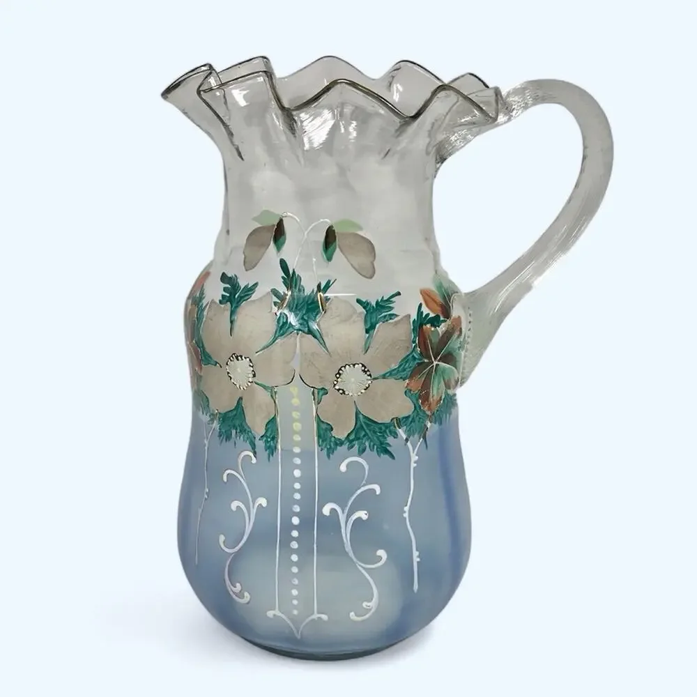 Victorian Hand Painted Pitcher Enameled  Blue Art Glass Floral Pitcher